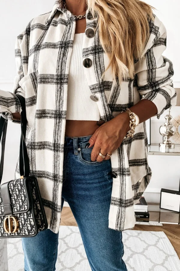 Fashion Casual Plaid Splicing Button Pocket Shirt