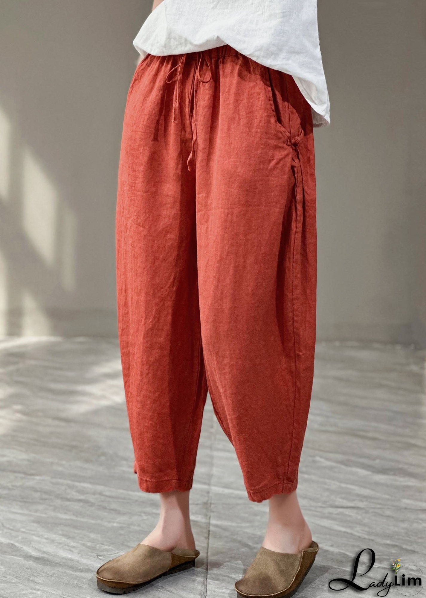 Casual Yellow Pockets Cinched Patchwork Linen Harem Pants Summer