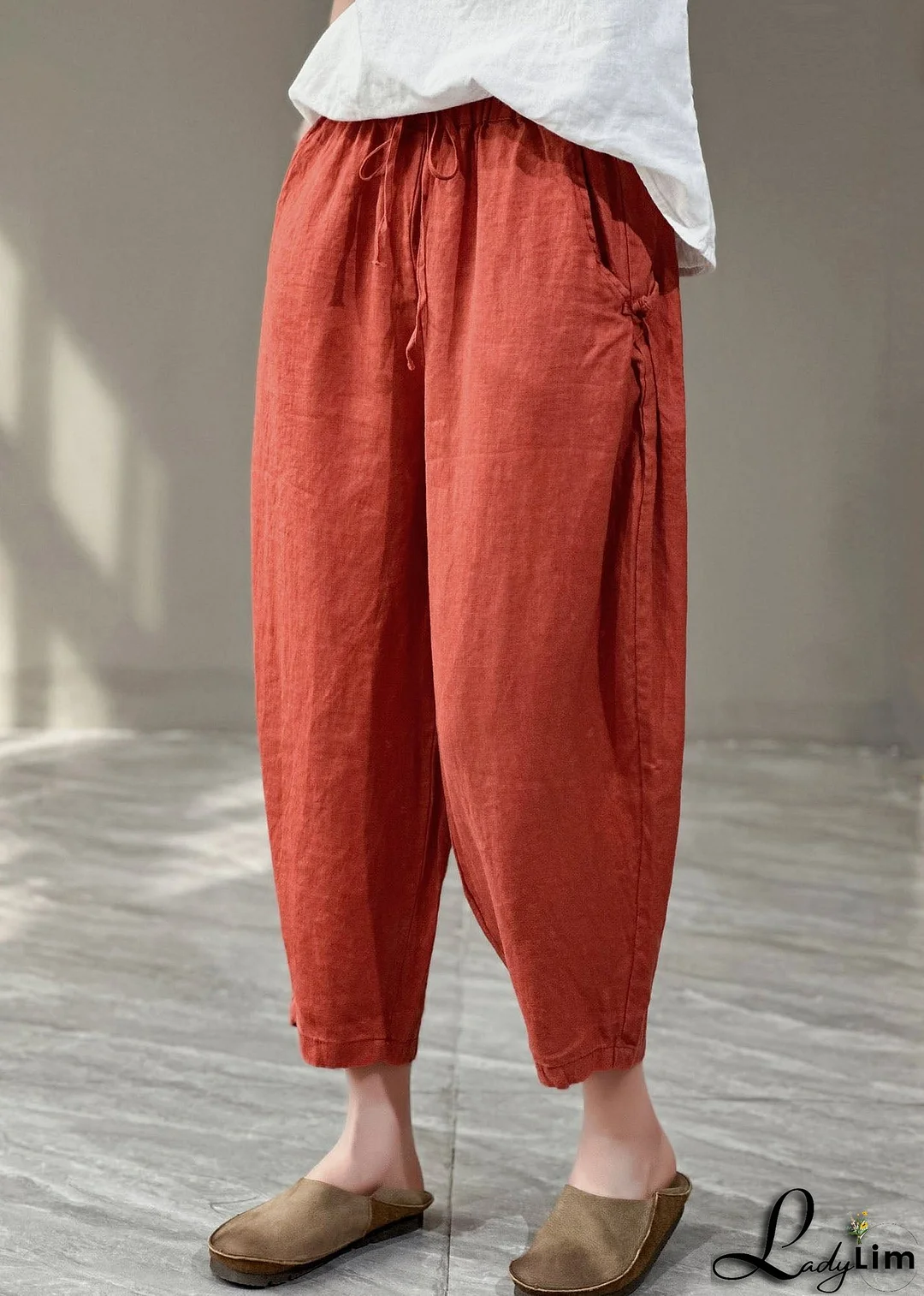 Casual Yellow Pockets Cinched Patchwork Linen Harem Pants Summer