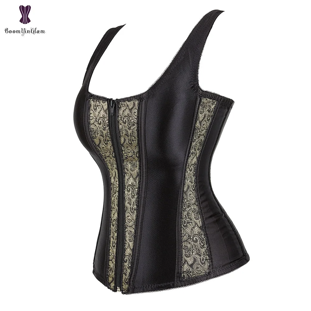 Zip Up Black Women's Satin Material Shining Body Shapwear Punk Style Gothic Overbust Corset Bustier With Straps Size S-2XL 936#