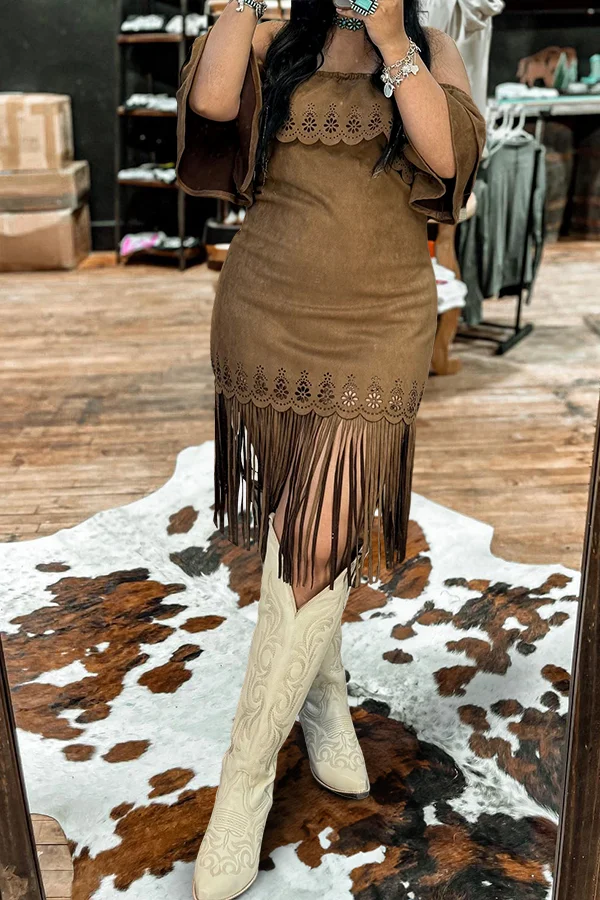 Retro One-Shoulder Ruffled Fringed Suede Dress