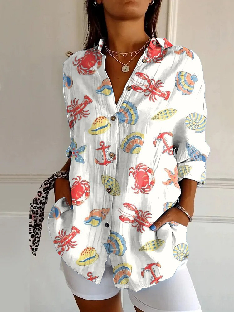 Ocean Lobster Crab Bio-print Long-sleeved Shirt
