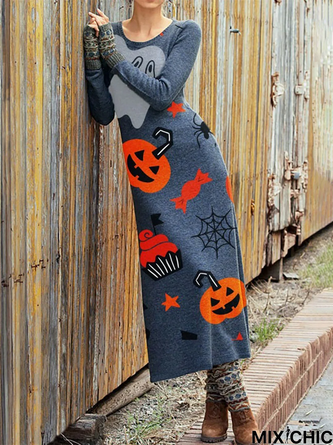 Vintage Statement Halloween Printed V Neck Long Sleeve Casual Knitting Dress