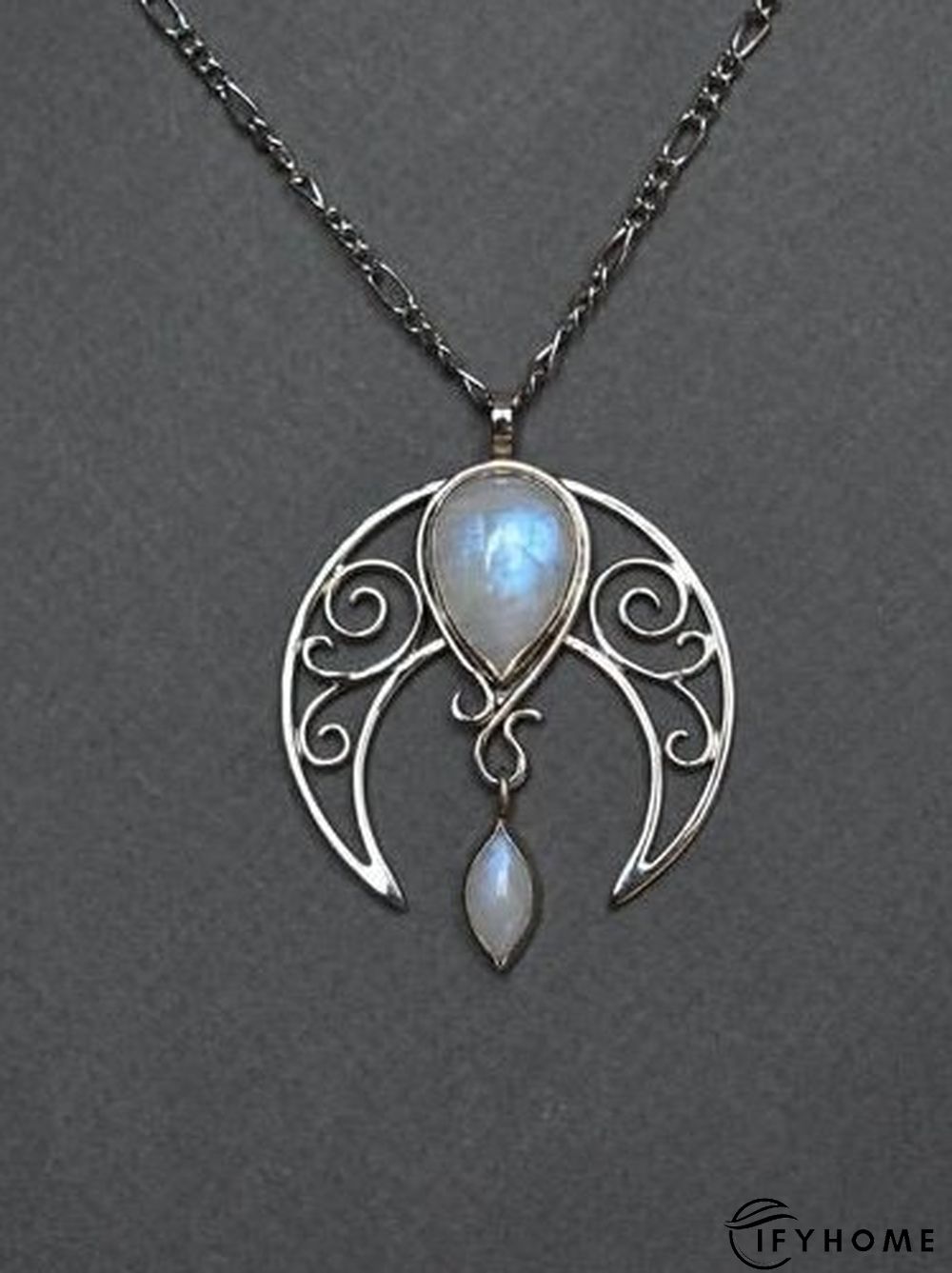 Silver Natural Opal Moonstone Cutout Necklace Ethnic Vintage Jewelry | IFYHOME
