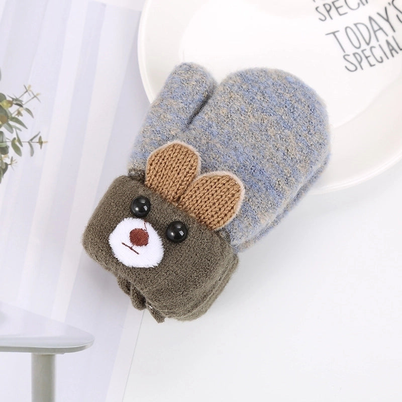 0-3 Years Old Cute Ears Bear Cartoon Children’s Gloves Winter Knitted Wool Double Plus Velvet Padded Warm