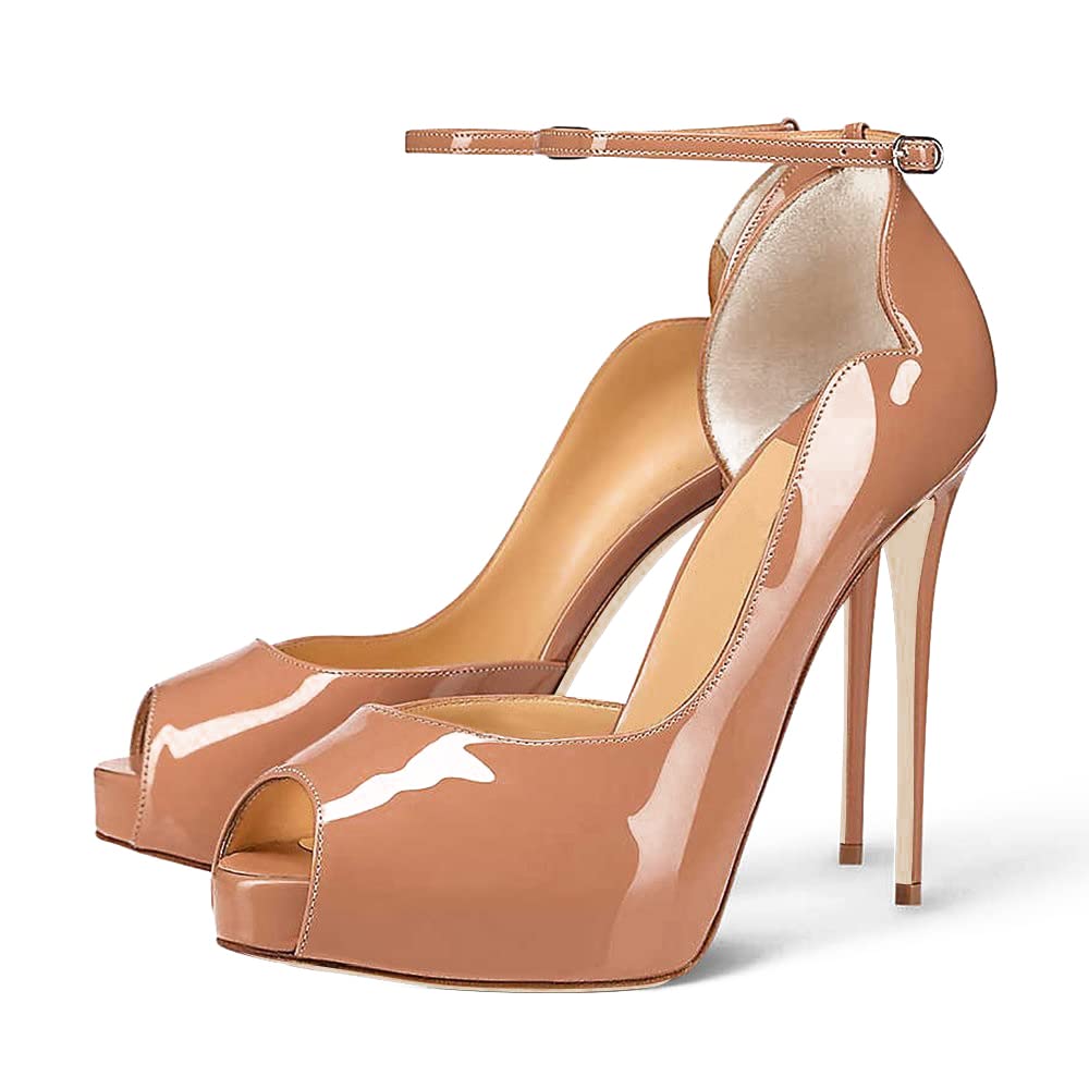 120mm Strap Platform Stilettos Pumps Patent Summer Sandals Apricot Bottom-MERUMOTE