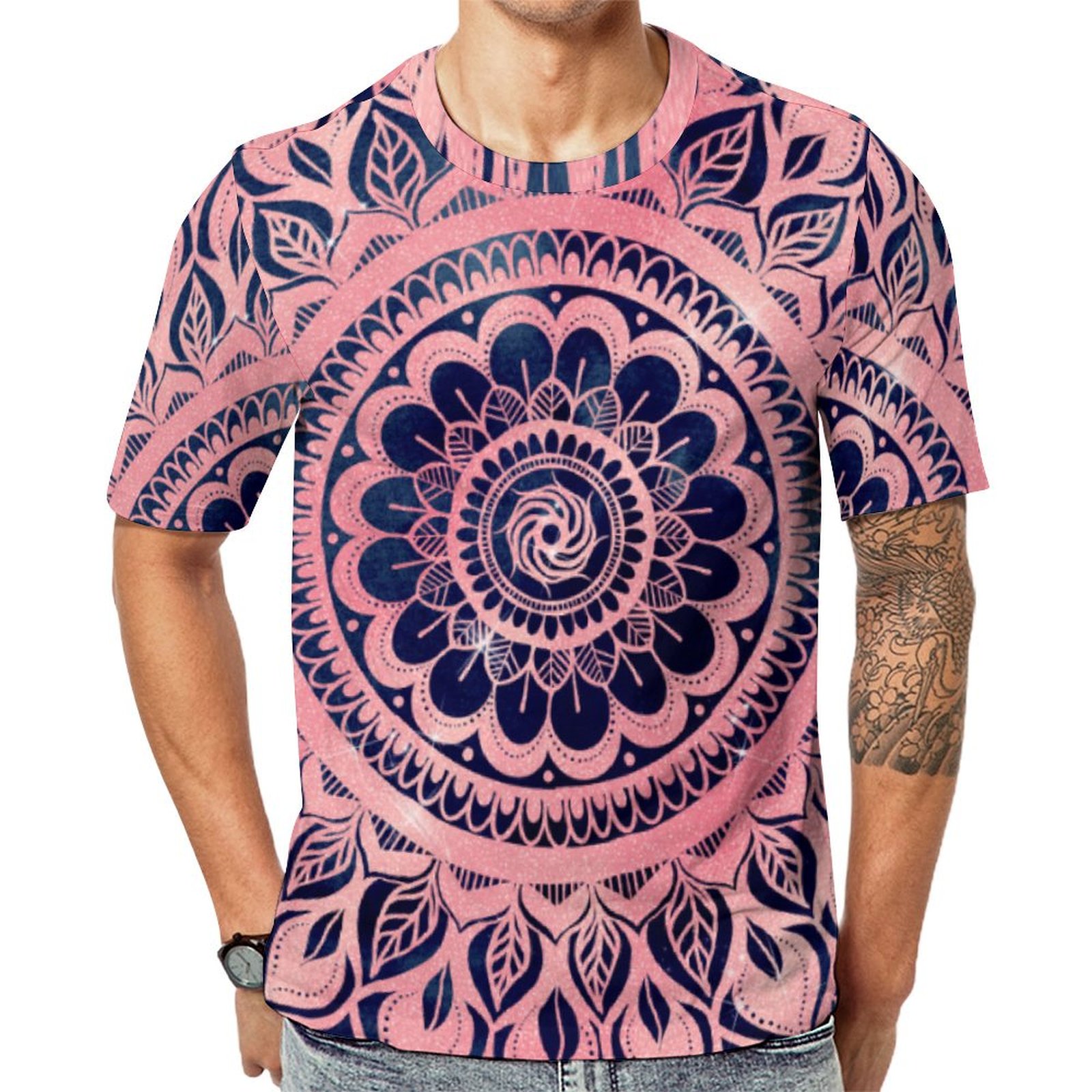 Girly Boho Blush Pink Mandalas Flower Short Sleeve Print Unisex Tshirt Summer Casual Tees for Men and Women Coolcoshirts