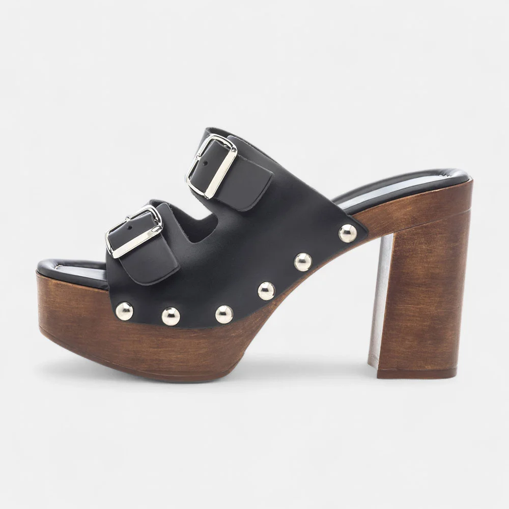Open-Toe Double Buckle Strap Black Platform Sandals with Studs