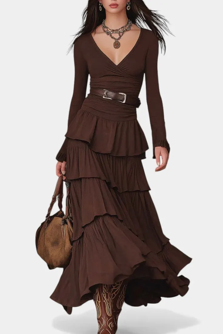 Layered Ruffle Midi Dress with V-Neck and Belt