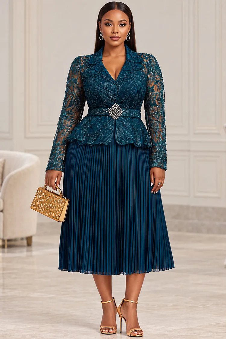 Xpluswear Design Plus Size Mother Of The Bride Chiffon Green Turndown Collar Long Sleeve Pleated See Through Lace Two Piece Skirt Sets [Pre-Order] 2024 - Xpluswear