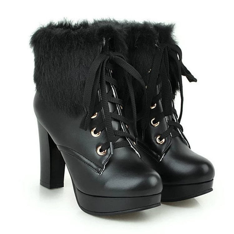 Best Kawaii - Fluffy Lace-up High Heel Boots