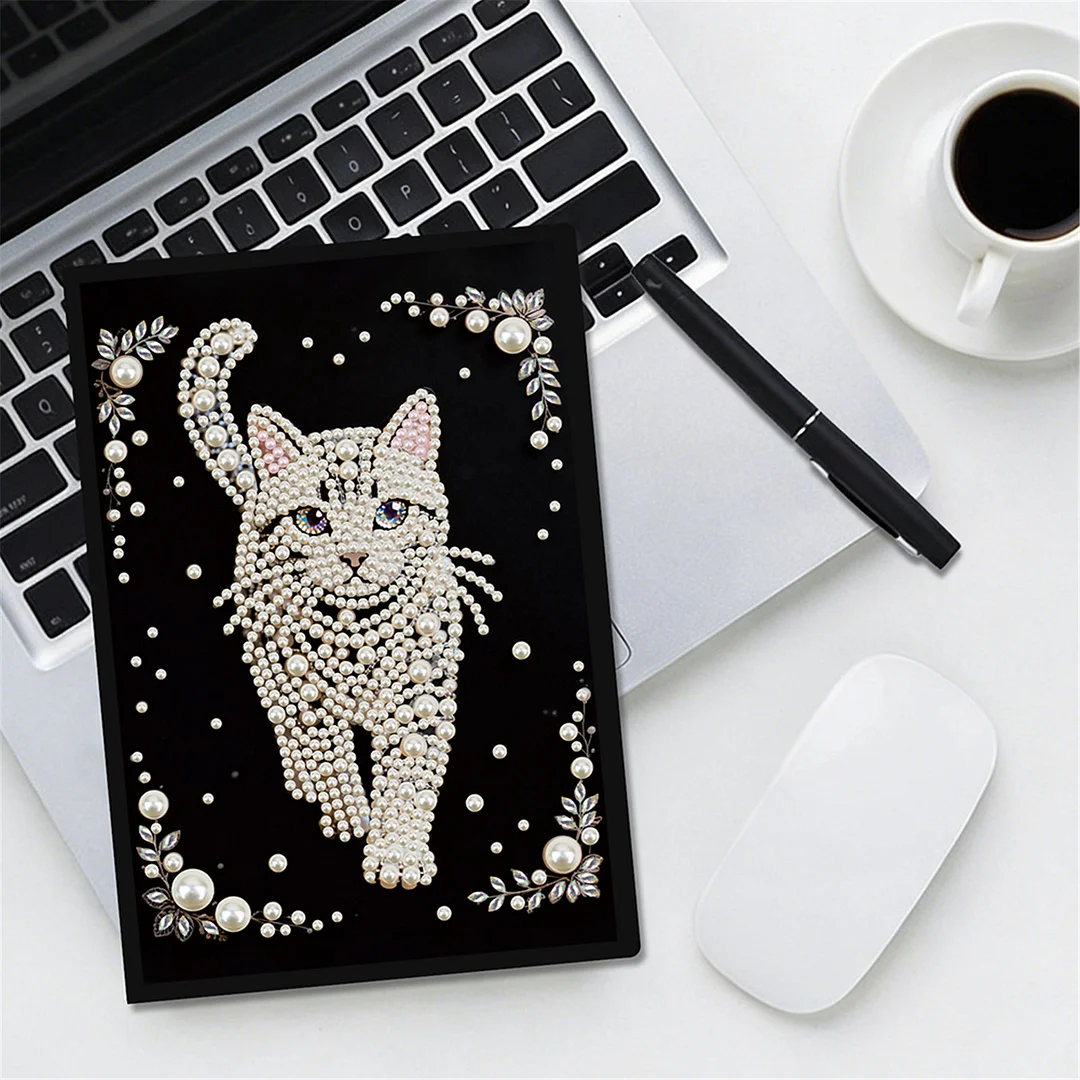 Cat Partial Pearl DIY 50 Pages A5 Diamond Painting Notebook Special Shaped Diamond Art Diary Book Kits Wireless Strip 5D Crystal Art Paintings Sketchbook for Art Drawing
