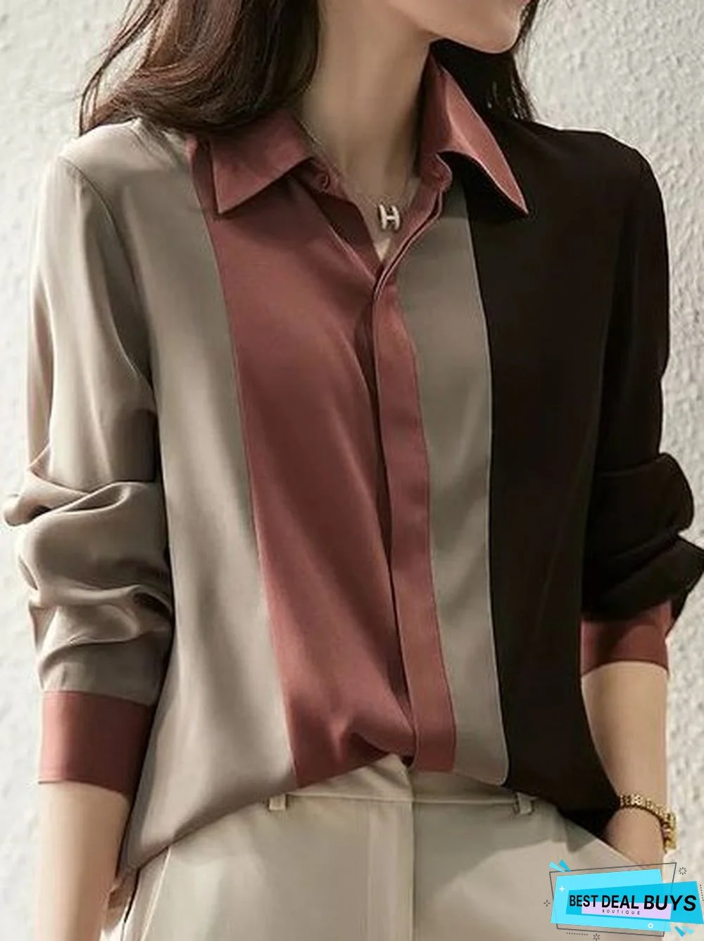 Satin Color Block Casual Shirt Collar Blouse