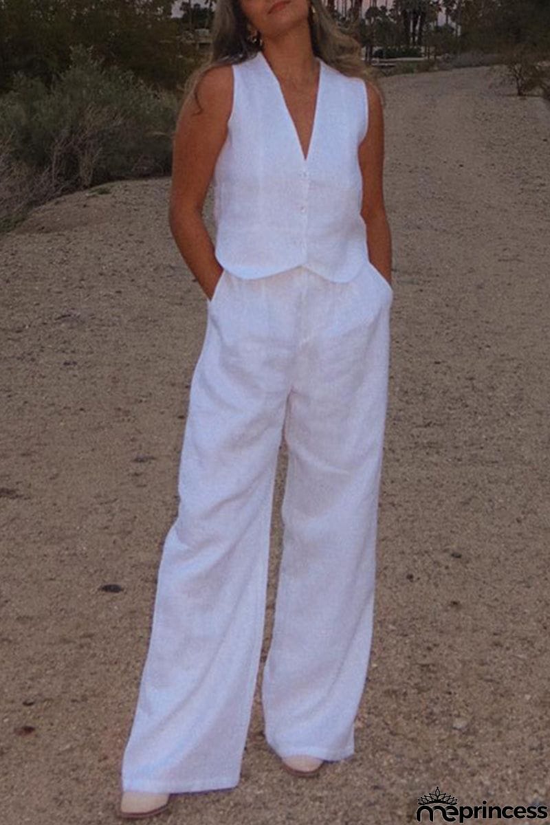 Casual Simplicity Solid Buckle V Neck Sleeveless Two Pieces