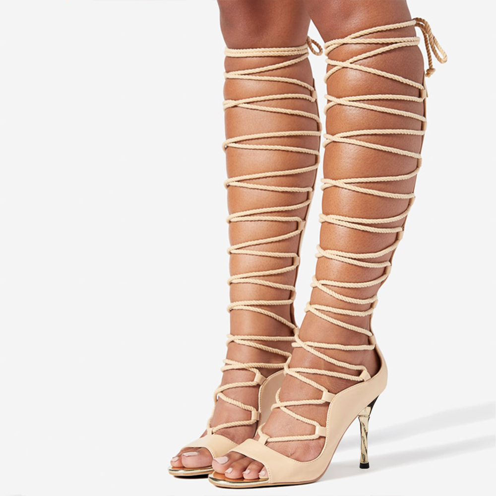 Beige Open Toe 4'' Stiletto Heel Lace Up Gladiator Sandals Nicepairs