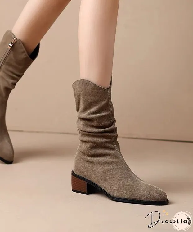 Women Khaki Suede Splicing Chunky Boots