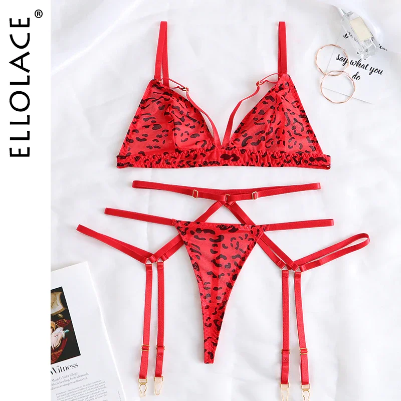 Billionm Leopard Female Lingerie Red Underwear 3-Pieces Lace Wireless Bra Thongs With Garters Belt Erotic Intimate Fancy Outfits