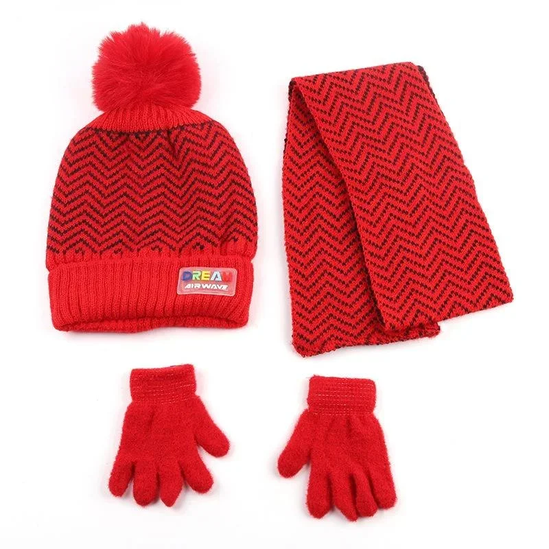 Winter 3-10 years old Children Small Stripes Knit Hat Neck Warmer Scarf and Gloves Set 3 Pcs