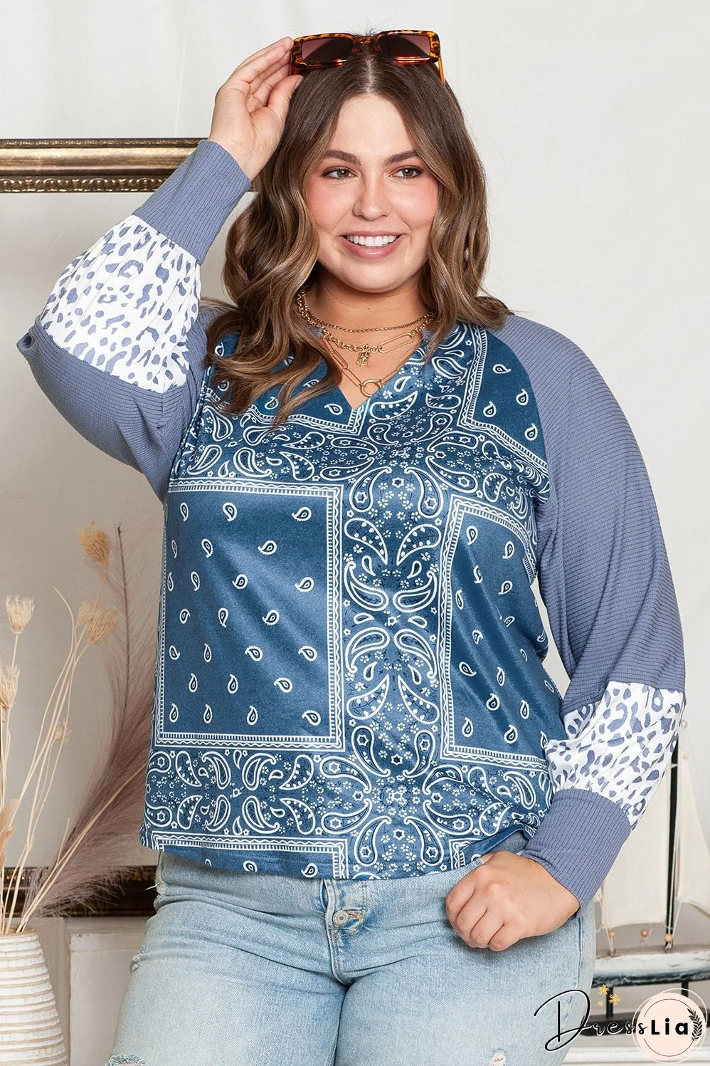 Plus Size V-Neck Printed Raglan Sleeve Blouse