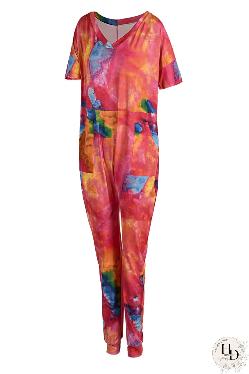 Red Fashion Casual Print Tie-dye V Neck Loose Jumpsuits
