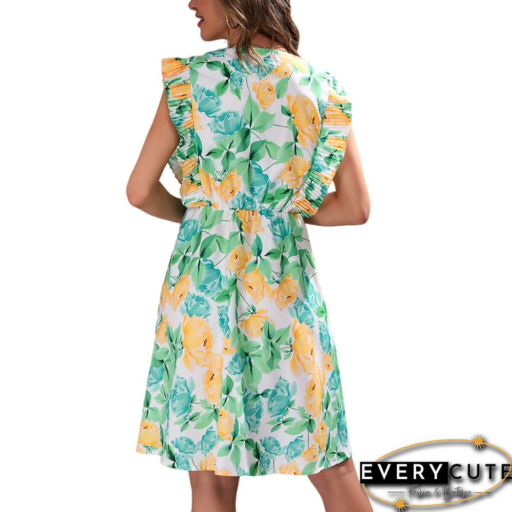 Light Green Flower Print Ruffled Sleeveless V Neck Mini Dress