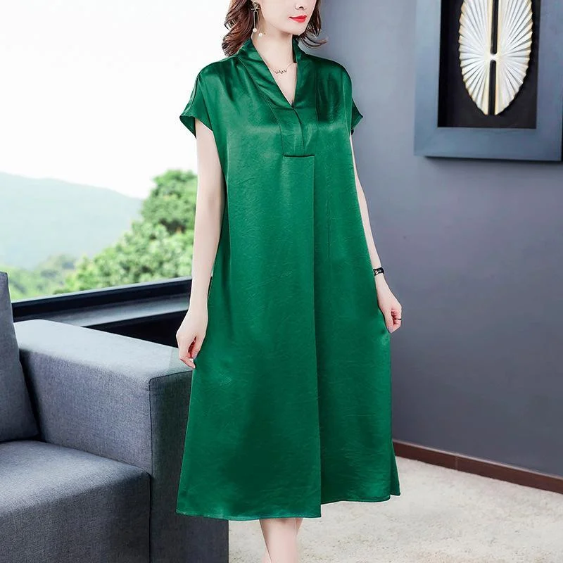 Temperament v-neck acetate satin dress