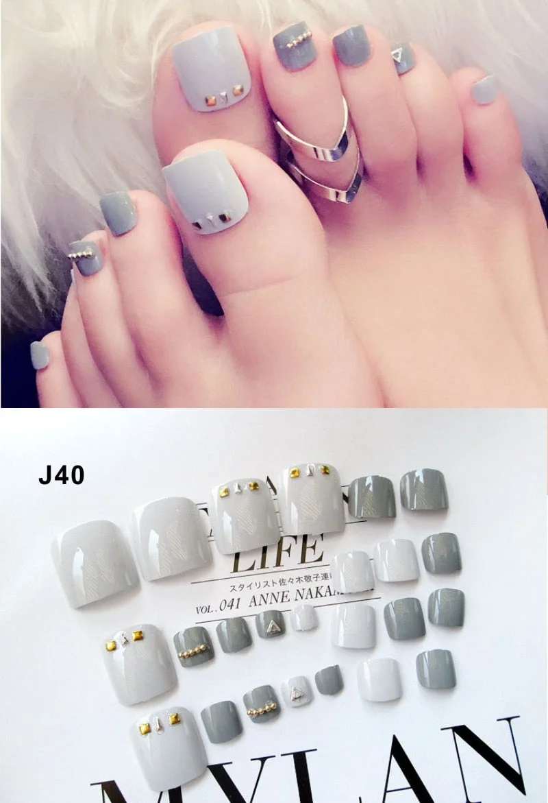 24 Pcs/Set Fresh Style Toe Fake Nails 3D Foot Full Toes Nail Art Tips False Nails  for Lady Girls Toenails Press on Nail-Nail Inspo