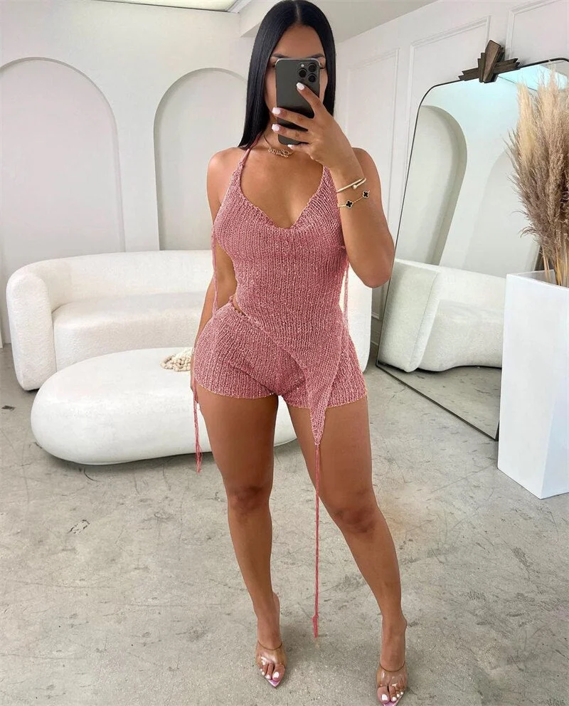 huibahe Knitted 3 Piece Set Hats + Lace Up Halter Backless Irregular Vests Top + Shorts Fashion Sexy Club Suit Y2K Streetwear