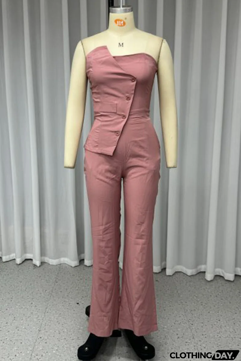 Casual Street Solid Color Buttons Irregular Strapless Regular Jumpsuits
