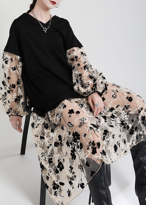 VCSHOES Black V Neck Patchwork Pockets Print Fall Vacation Dresses Long sleeve