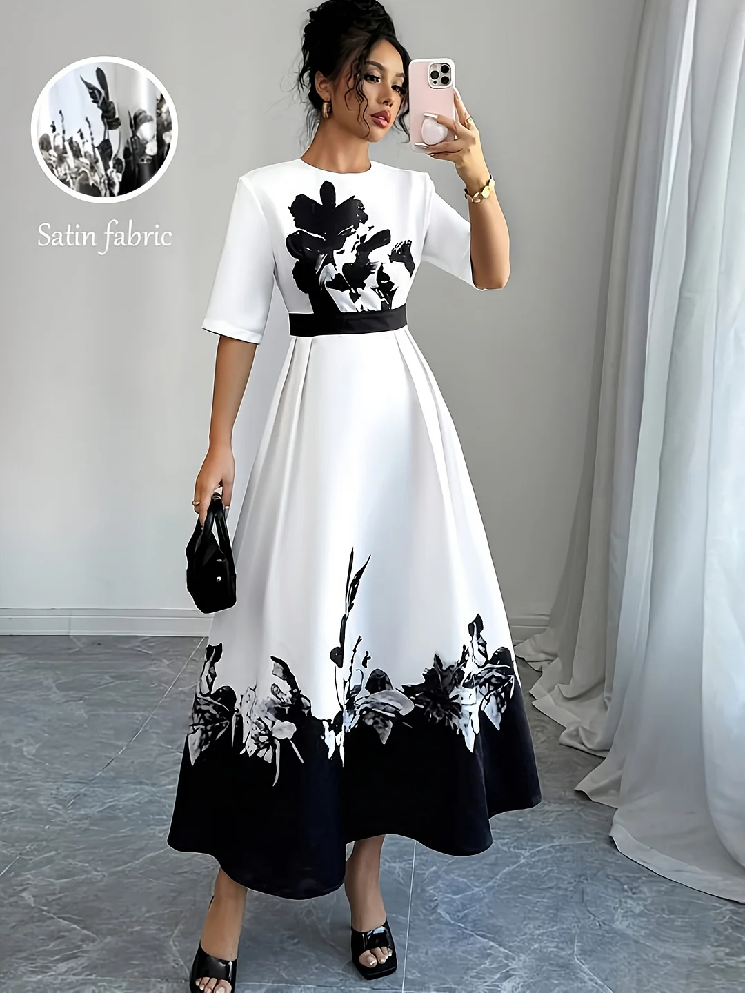 Elegant European And American Festival Dress, Yy0402002 Round Neck Mid-Length Belted Zipper Floral Print Dress | IFYHOME