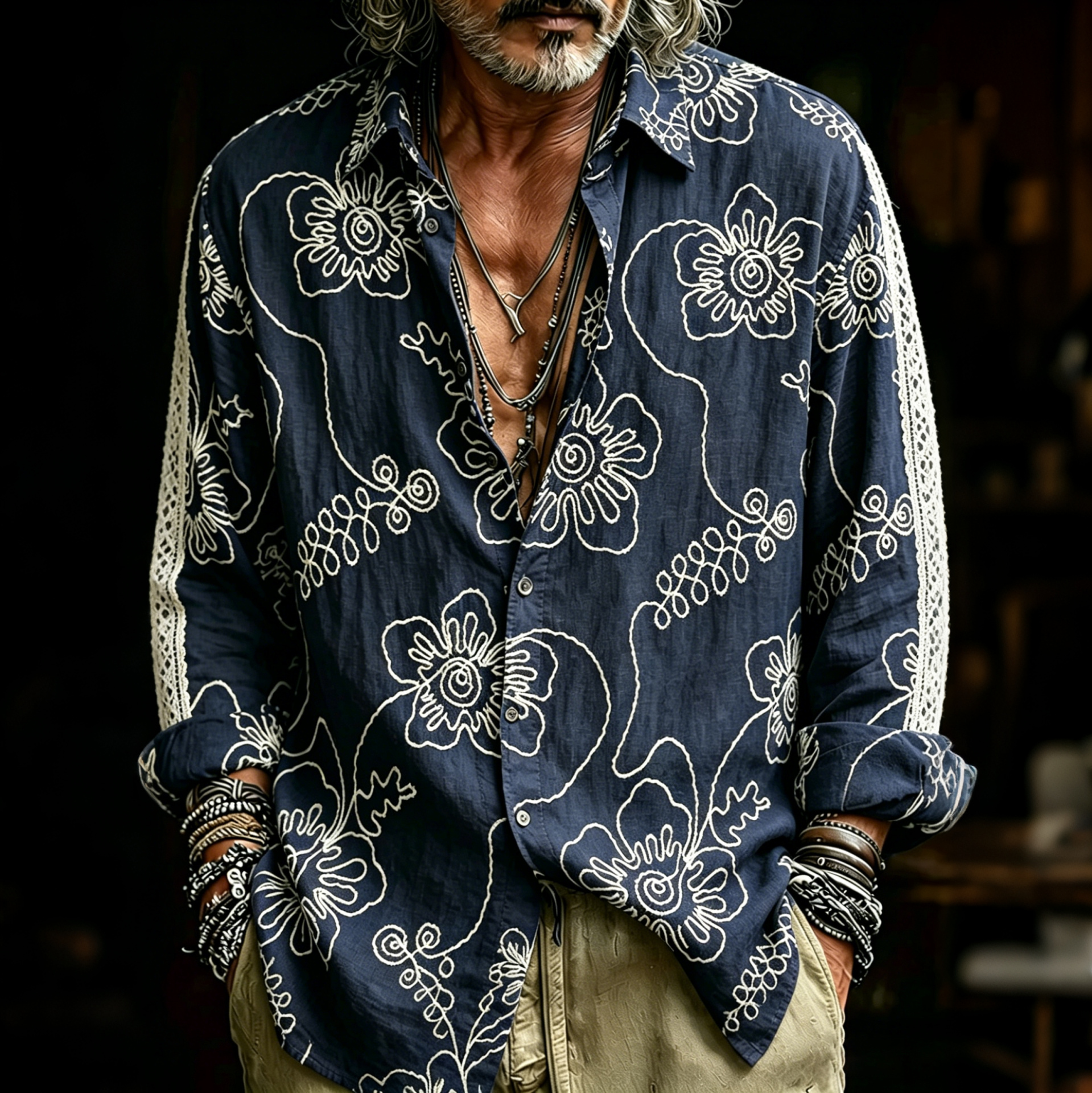 Comstylish Men's Retro Flower Embroidery Pattern Casual Linen Shirt