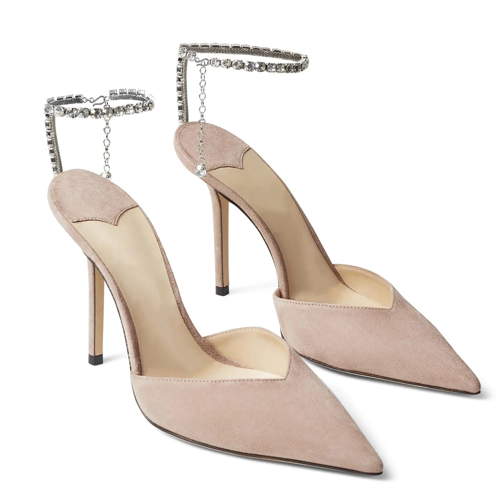 100mm Women's Sandals Crystal Chain Rhinestone Embellished Strap Suede Pumps Pointy Stilettos Backless Shoes-vocosishoes