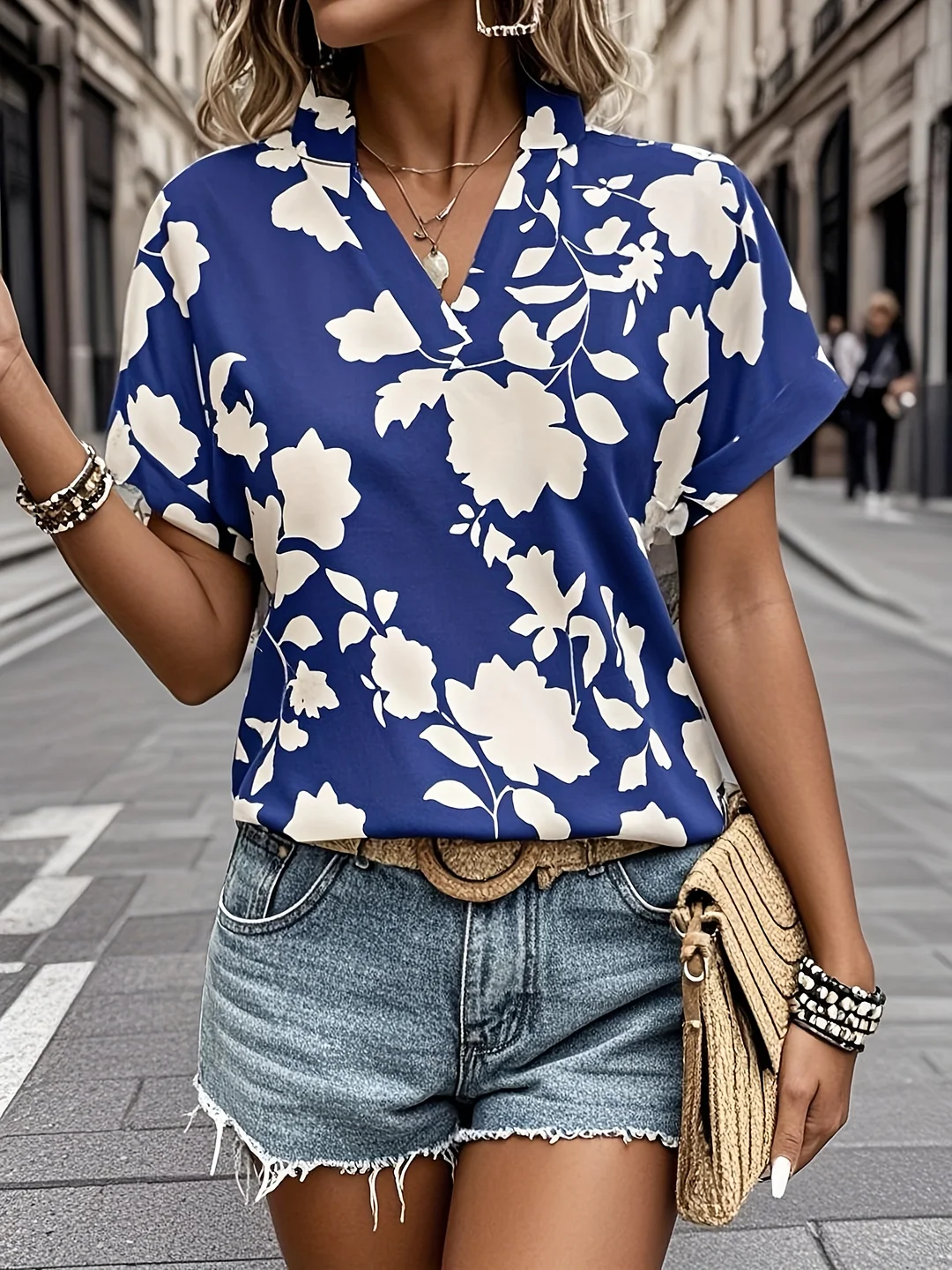 2025 European And American Summer New Large Floral V-Neck Bat Sleeve Casual Loose Shirt Women's Short Sleeved To | IFYHOME