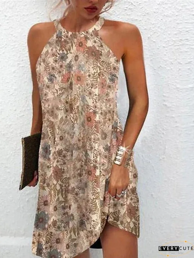 Casual Dress Summer Dress Print Dress Floral Print Halter Mini Dress Active Fashion Outdoor Daily Sleeveless Regular Fit Khaki Spring Summer S M L XL XXL for Women