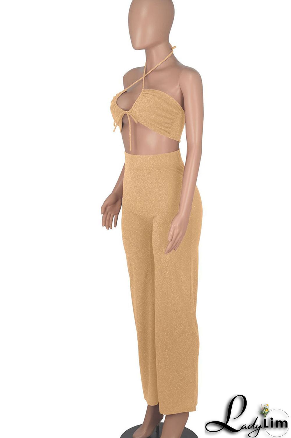 Khaki Sexy Solid Split Joint Frenulum Strapless Two Pieces