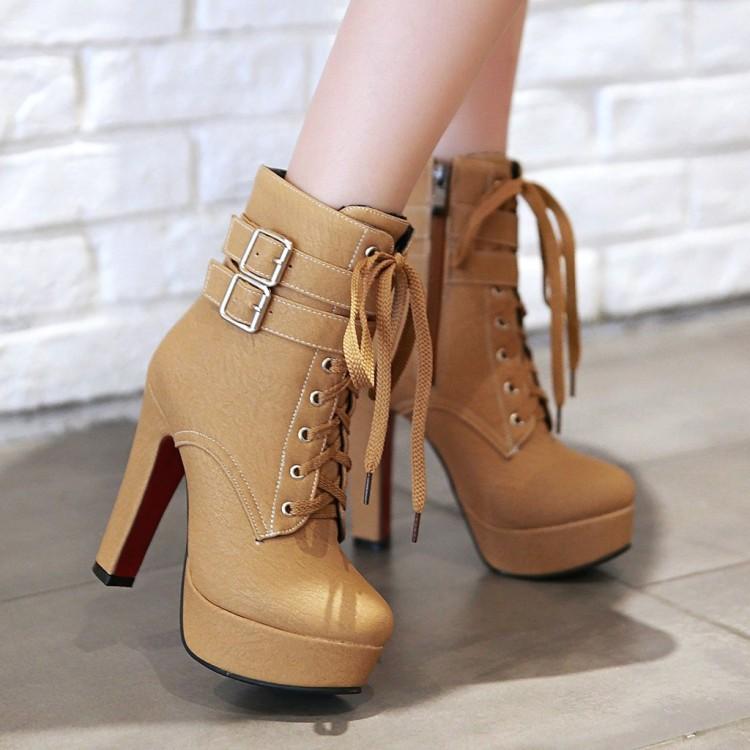 VCSHOES Martin Lace UP Platform High Stiletto High Heels Short Boots