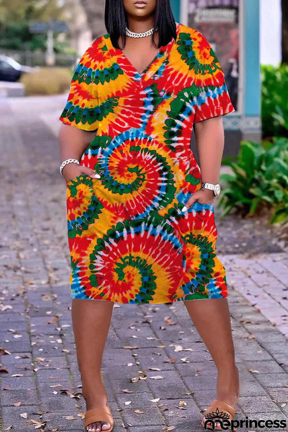 Orange Red Casual Print Patchwork Basic V Neck Short Sleeve Dress