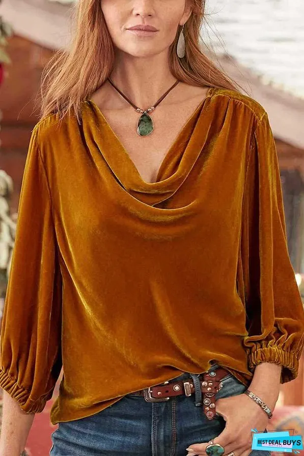 Solid gold velvet stacked collar pleated T-shirt
