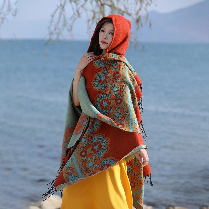 Ethnic Style Hooded Shawl Cloak Lijiang Xinjiang Tibet Northwest Tourism Wear Photograph Warm Outer Cape
