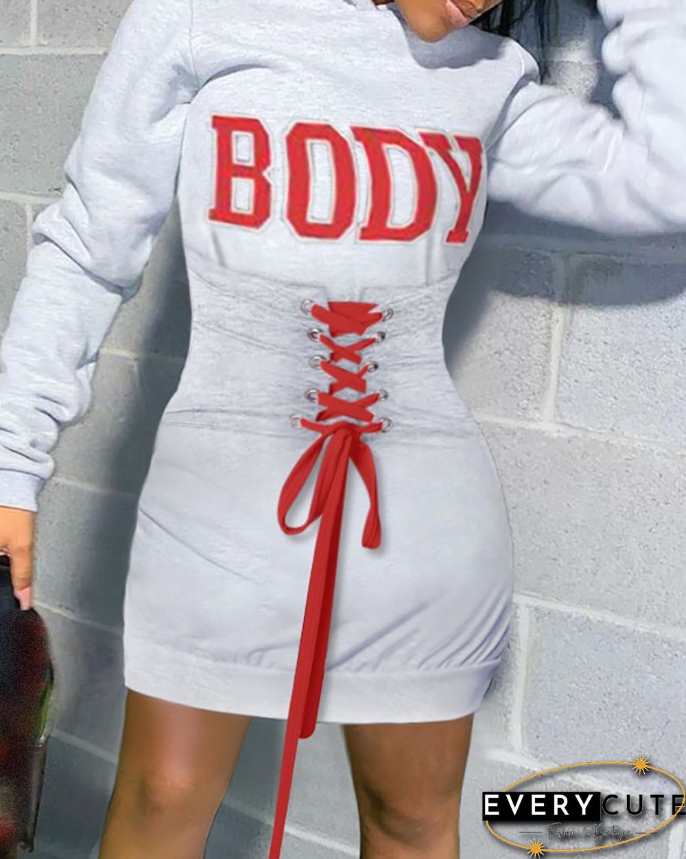 Eyelet Lace-up Letter Print Hooded Sweatshirt Dress