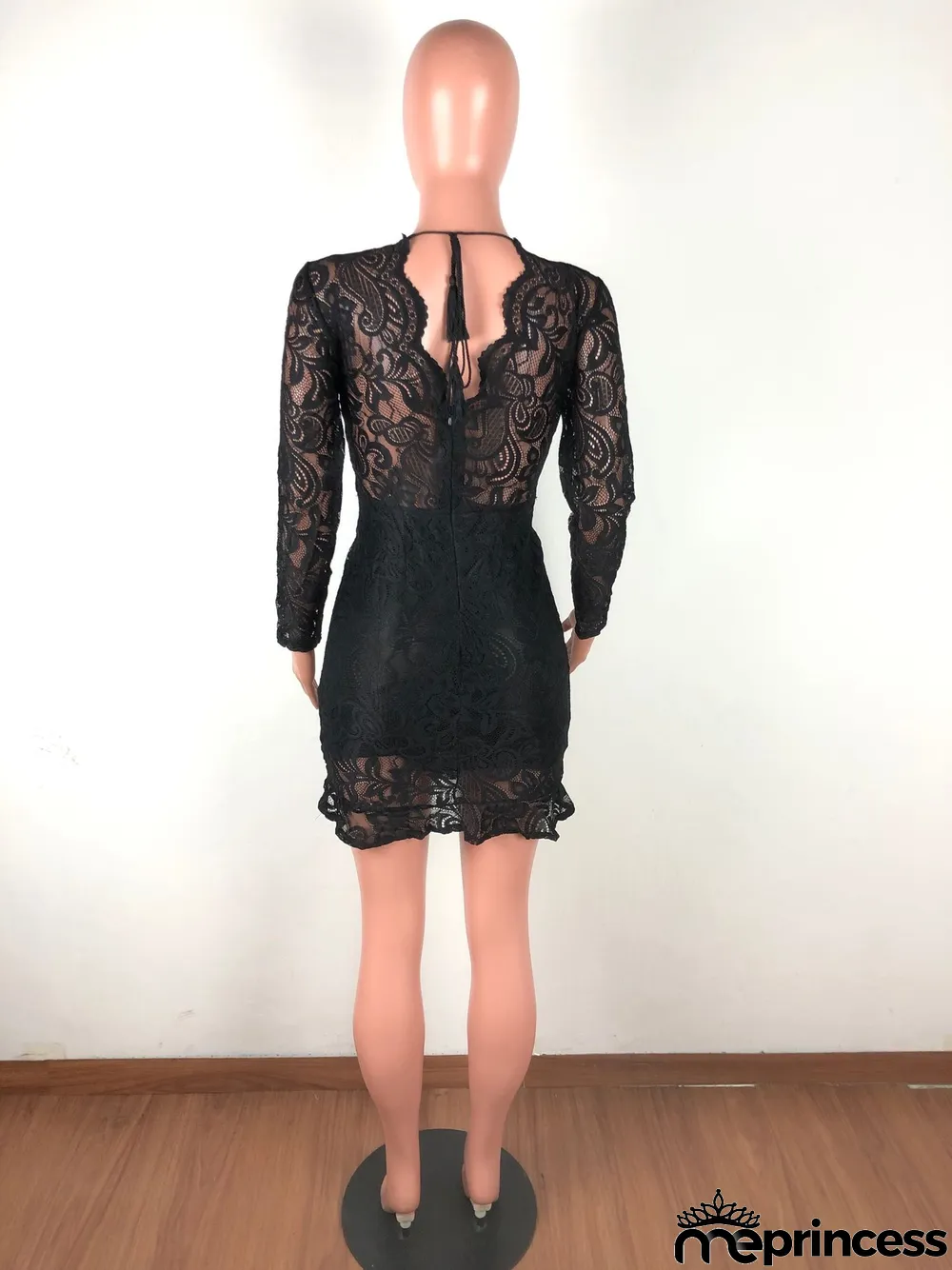 Sexy Lace Deep V Neck Long Sleeve Slim Mini Dress