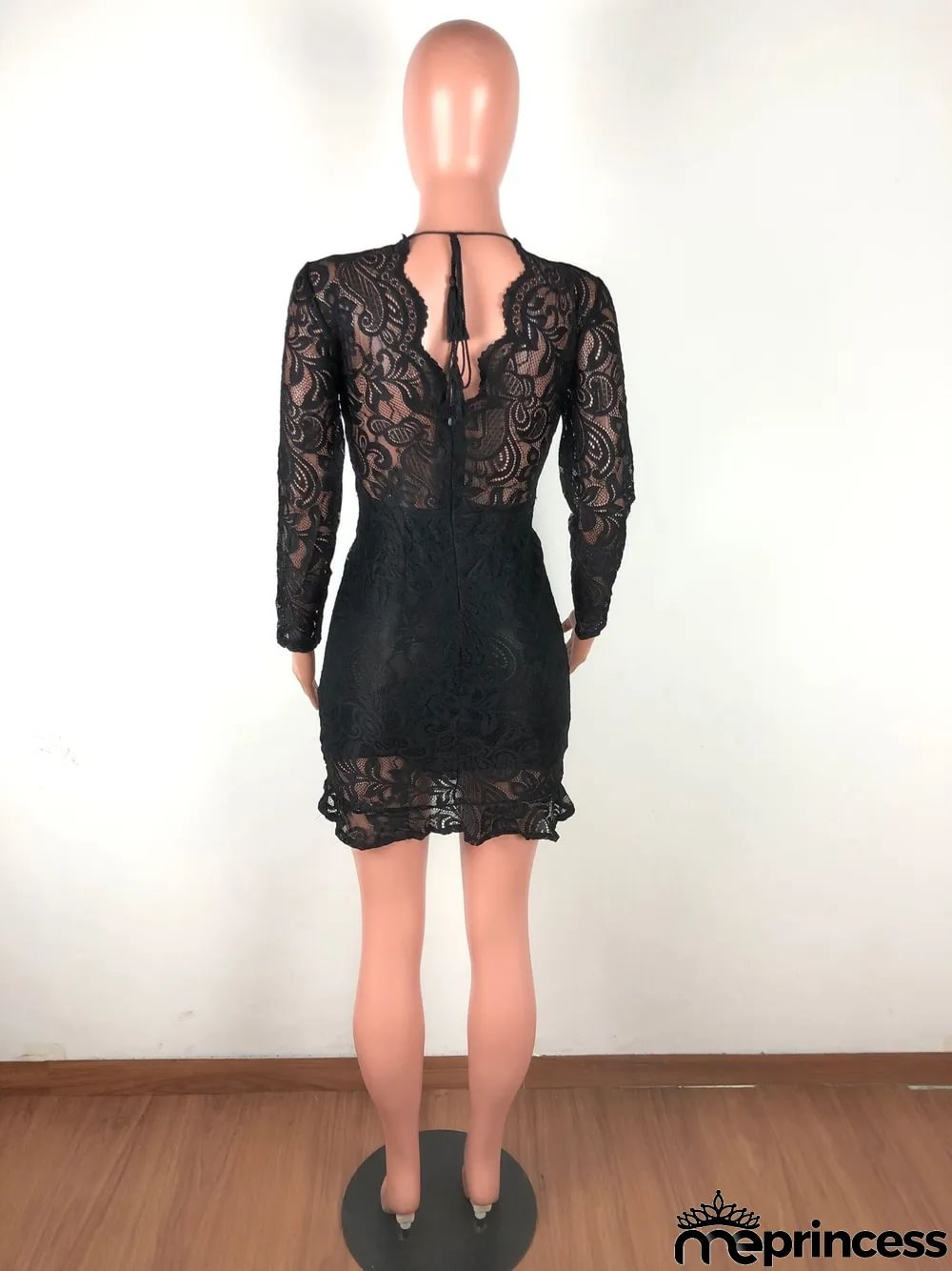 Sexy Lace Deep V Neck Long Sleeve Slim Mini Dress