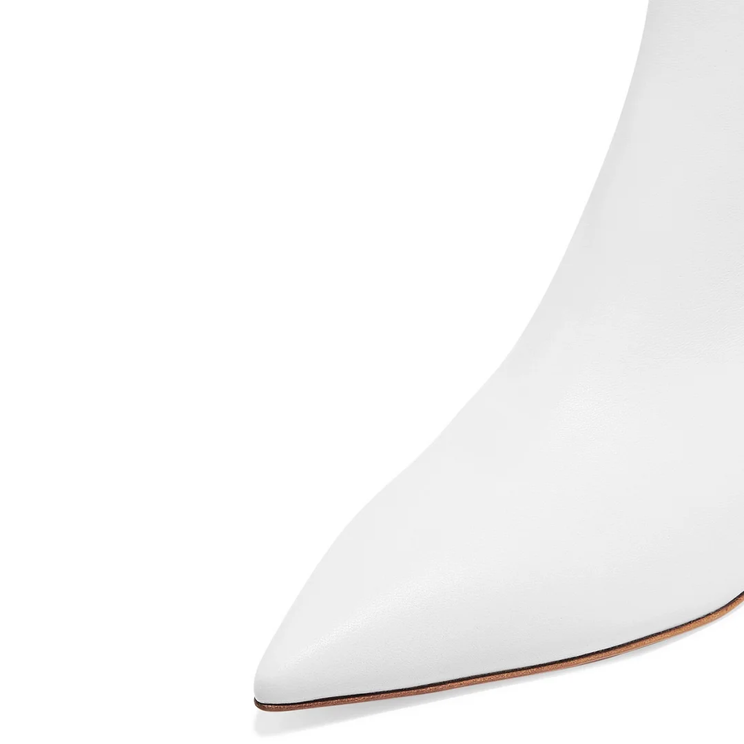 White Kitten Heel Side Zipper Pointed Toe Short Boots for Women