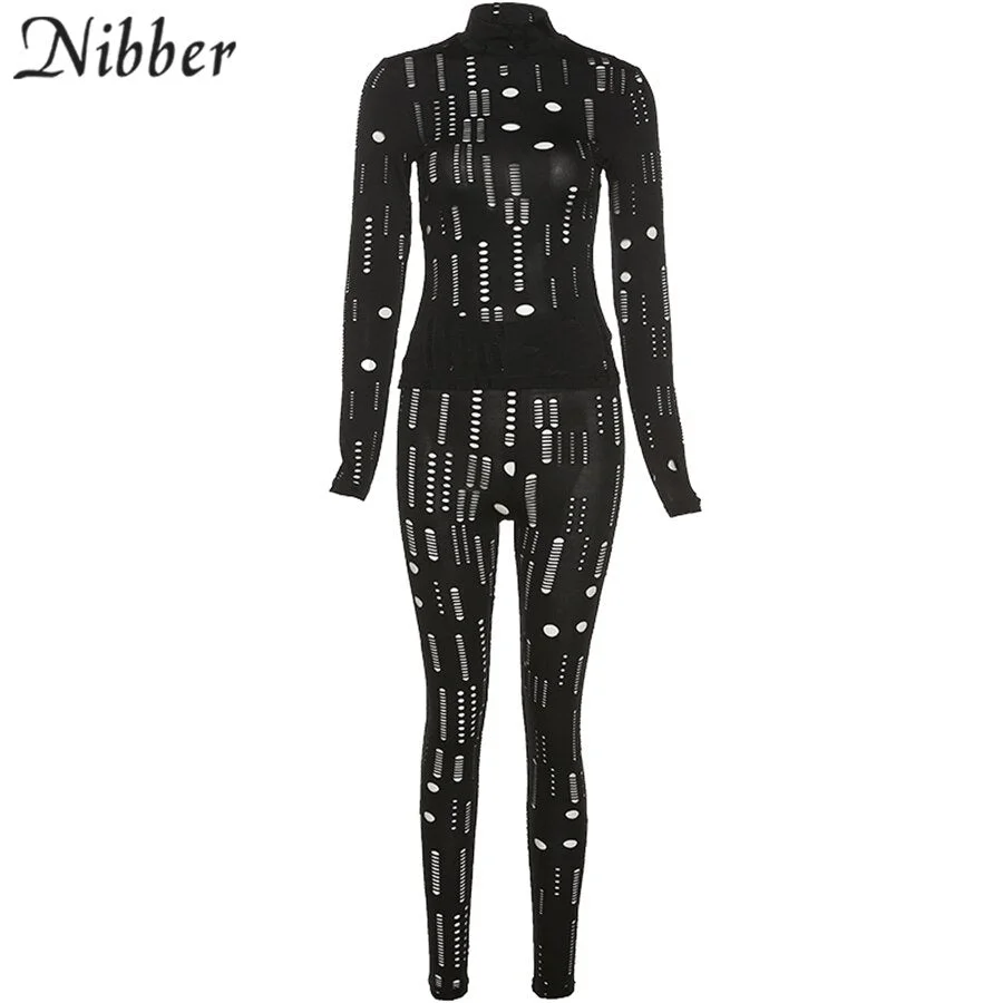 Nibber Fashion Two-Piece Solid Color Ripped Hollow Top T-Shirt + Slim Pencil Pants Sexy Style Women Street Wear Sports Outfits