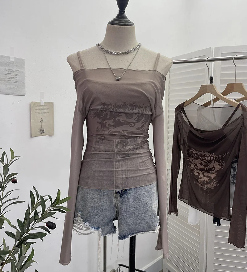 Churchf Real Shooting Spice Girls Shoulder Mesh Sun Hooded Sling Sling Long-Sleeved T-Shirt Top Two Sets Of Women 8862