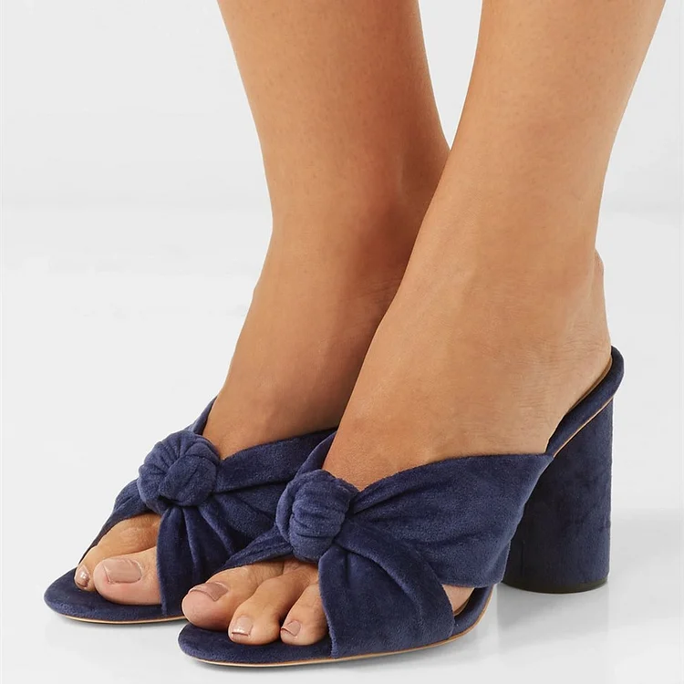 Navy Mules Shoes Peep Toe Knotted Block Heel Sandals |FSJ Shoes