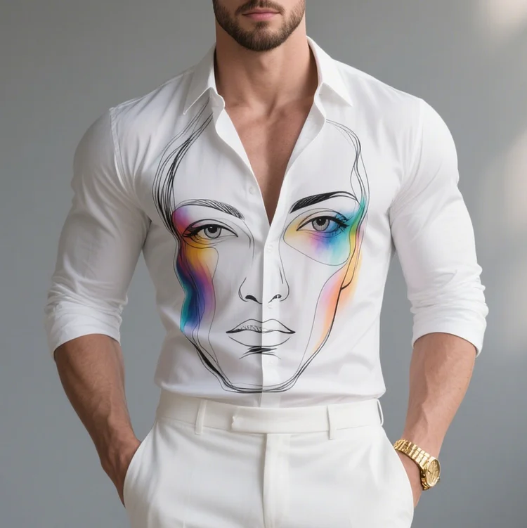 Okaywear Turndown Collar Long Sleeve Button Colorful Face Line Shirt 