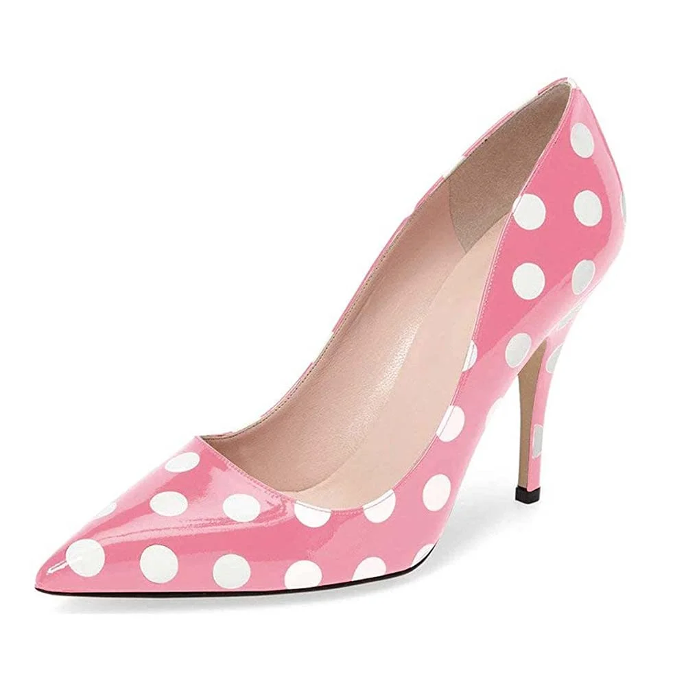 Pink Patent Leather Pointed Toe Stiletto Heel Pumps with Dot Nicepairs