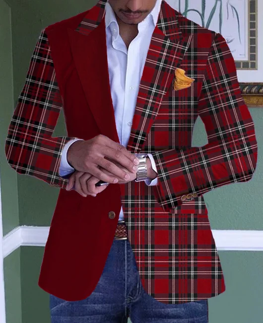 Business Single Breasted Plaid Patchwork Chest Pocket Blazer 
